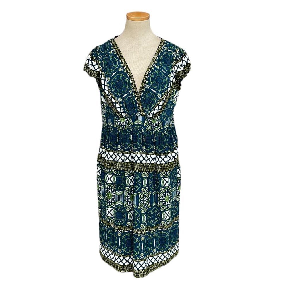 Evan-Picone Dress V-neck Midi Geometric Print Green Blue Size 14
